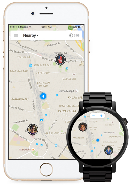 Downtime nearby map on iPhone 6s and Android Wear